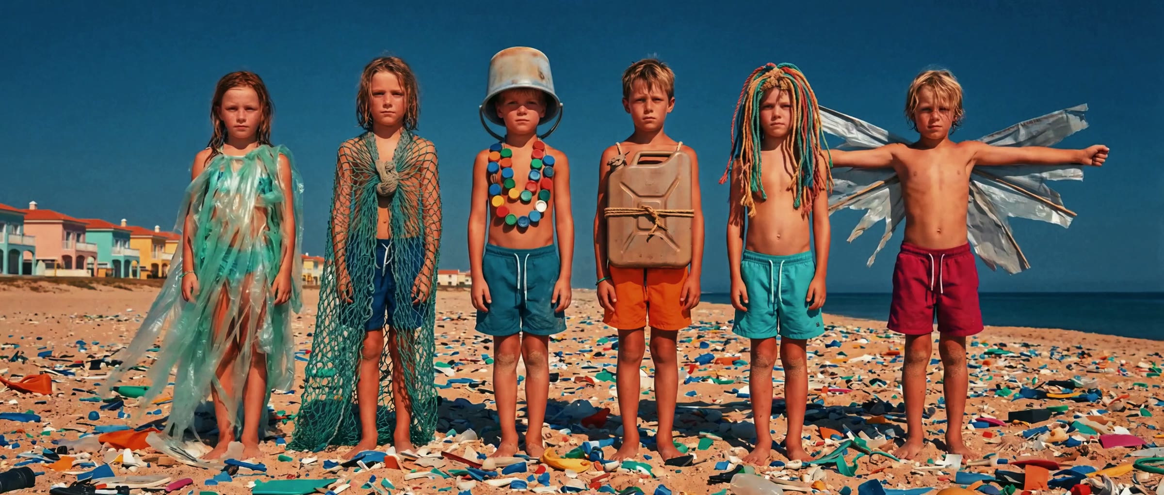 Children lined up on the beach