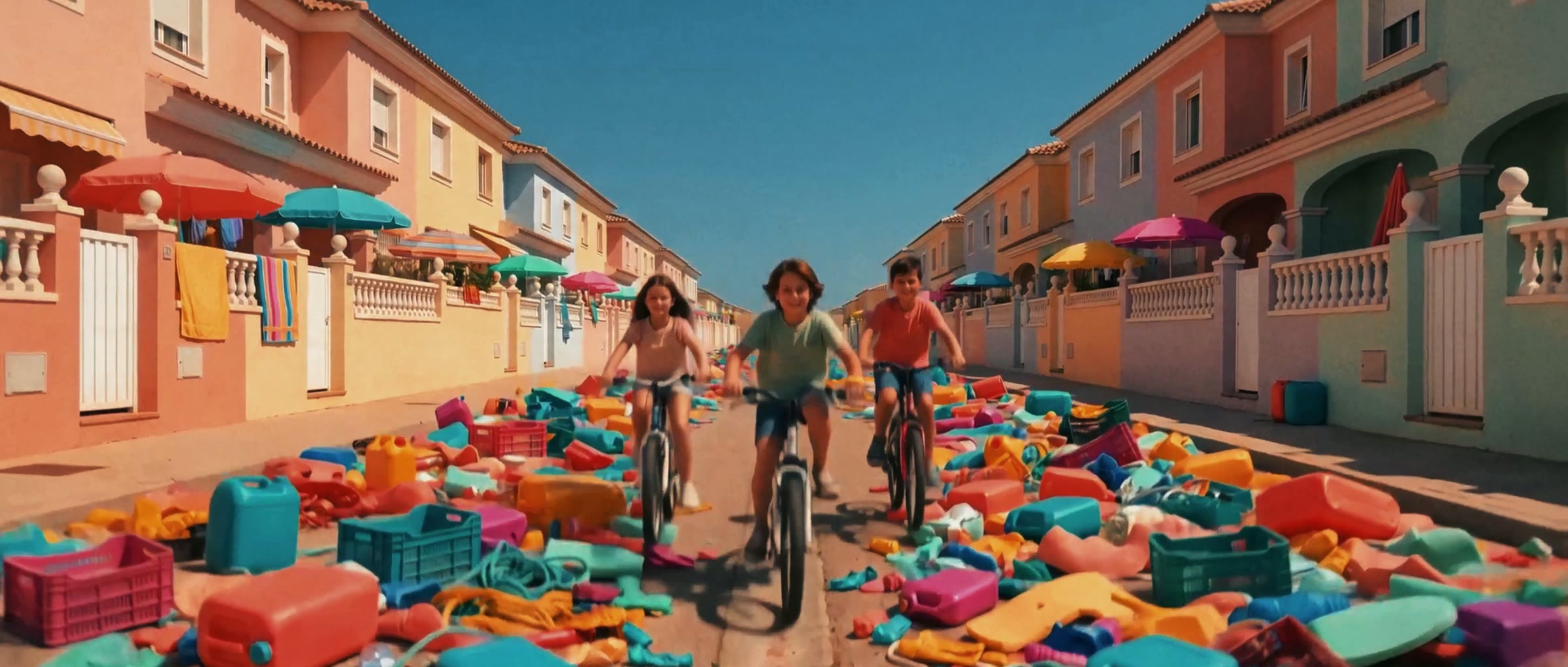 Residential street with children on bicycles